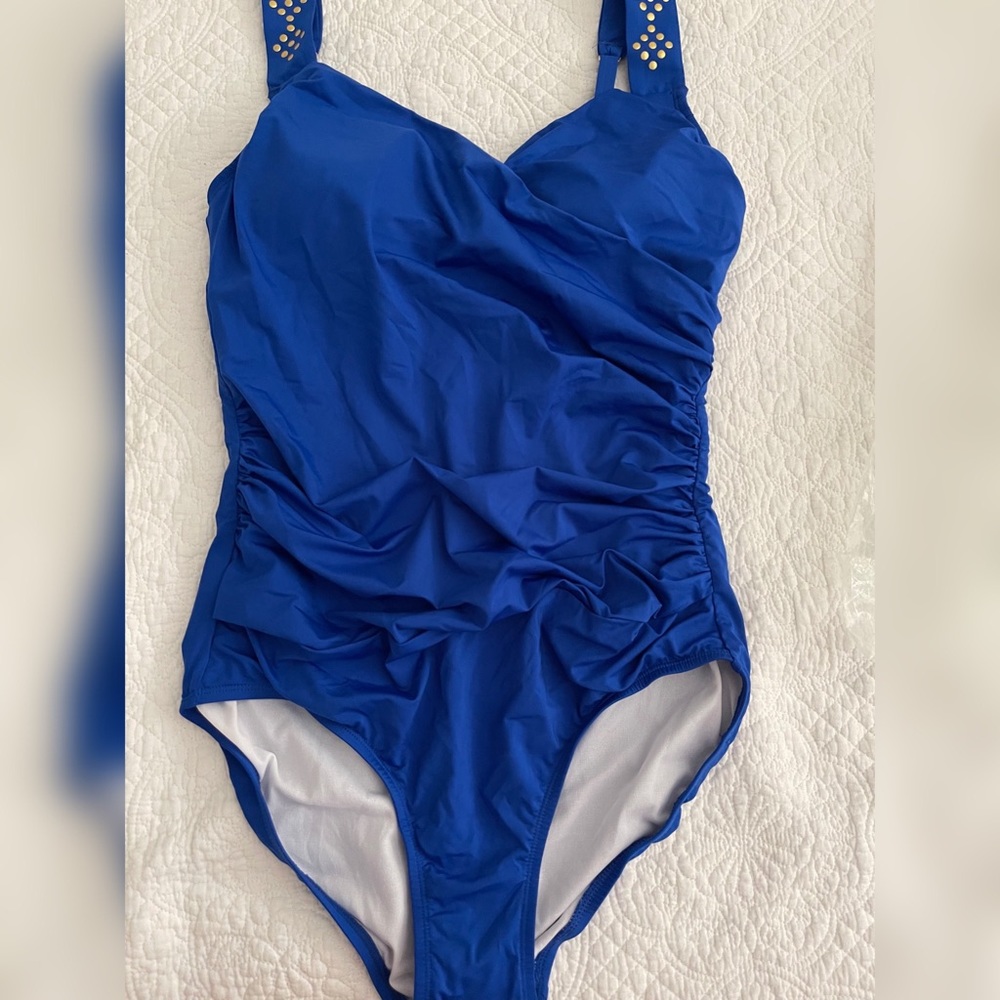 Size 12 blue one piece with patterned straps